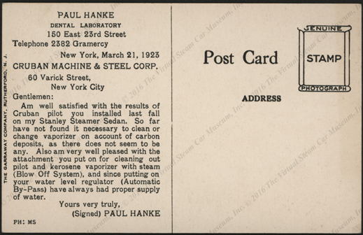 Cruban Machine & Steel Corporation, March 21, 1923, Branch Forks, Pricker, Strainer Postcard Reverse